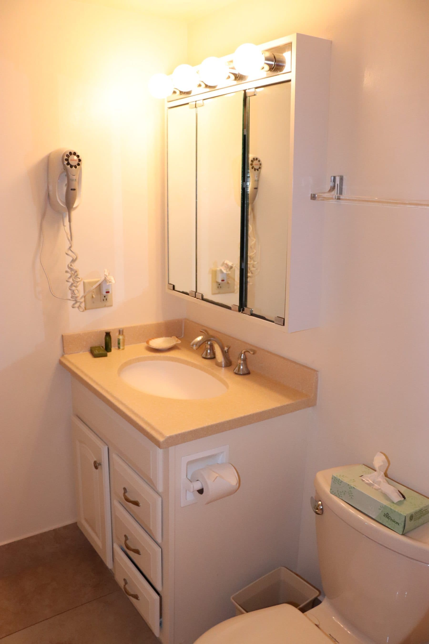 Dated bathroom vanity with mirrored cabinet